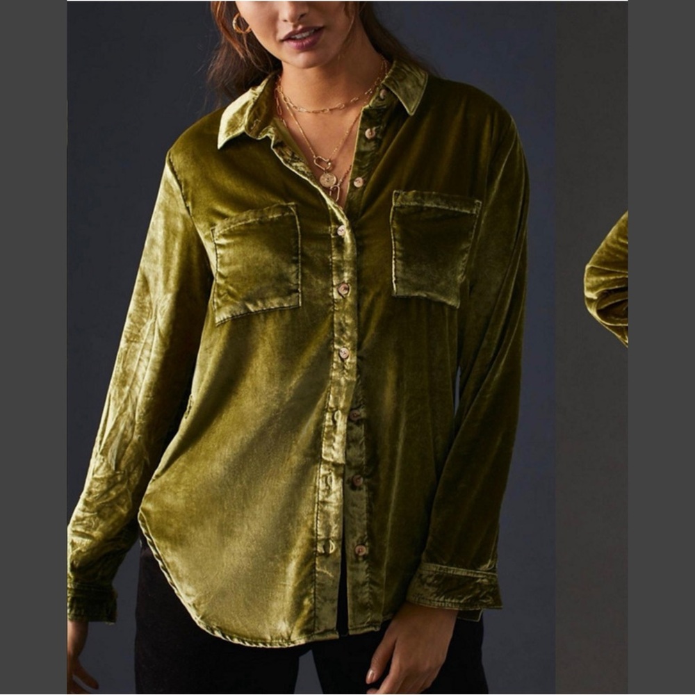 #1607 Anthropologie Pilcro Relaxed Velvet green button down top Large - Picture 2 of 6